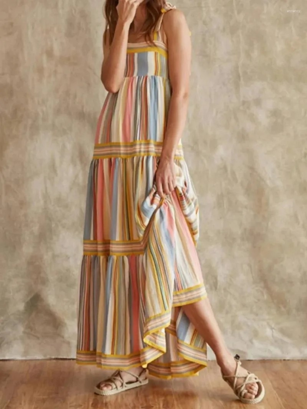 Striped Pastel Tiered Maxi Dress with Adjustable Straps. Size Medium